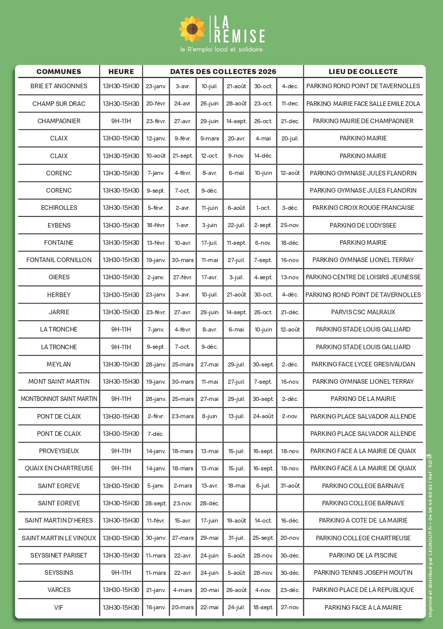 Calendrier Collecte Remise 2026